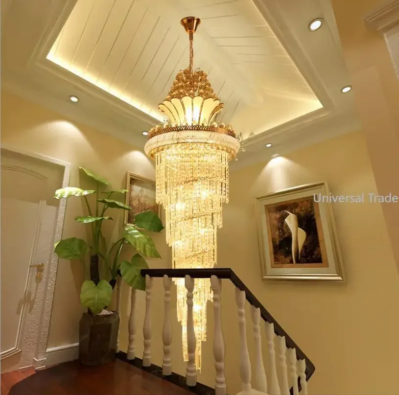 

Large Golden K9 Crystal Chandelier Hotel Hall Living Room Staircase Hanging Chandelier Luxury Long Crystal Chandelier Ceiling