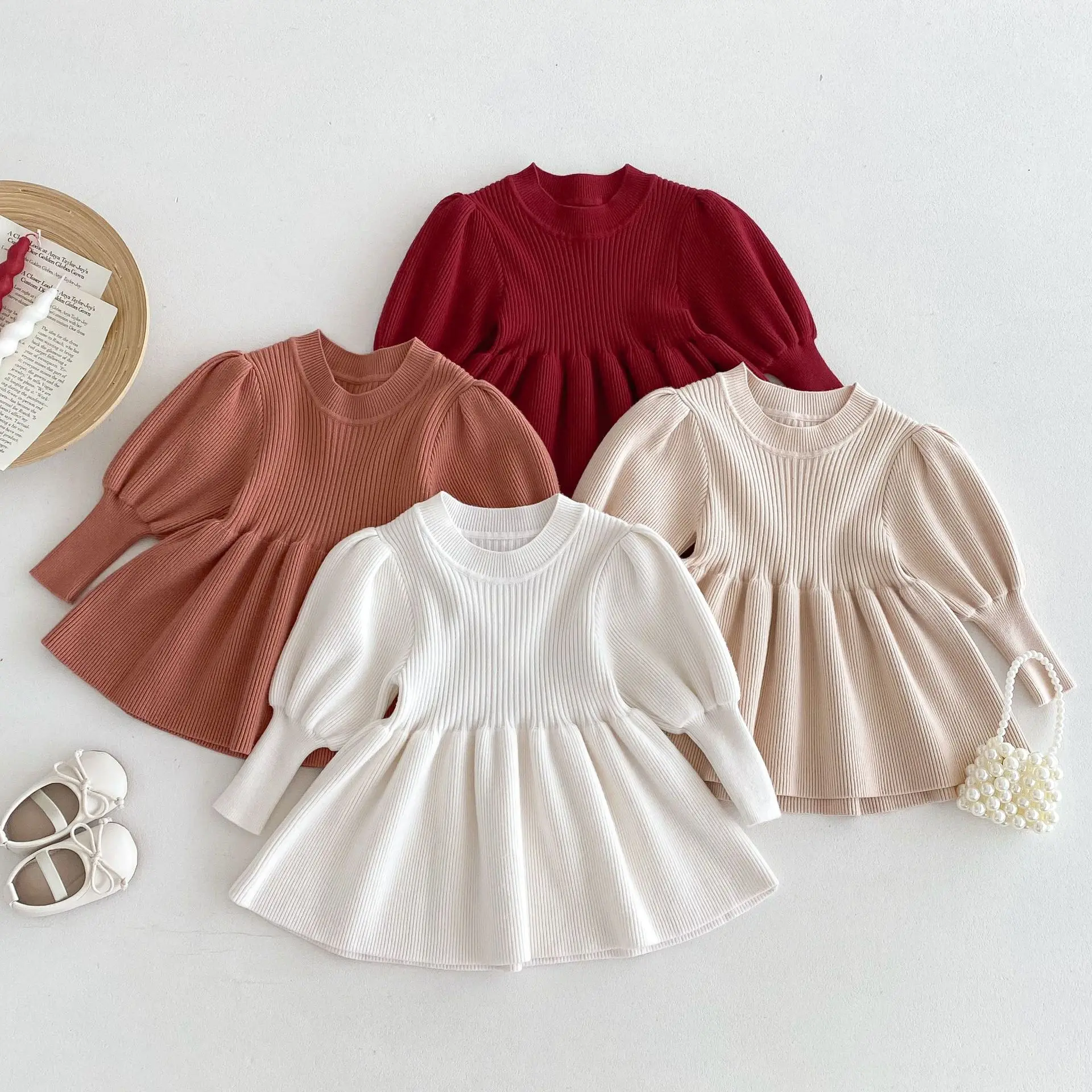 0-4Y فساتين الرضع الصلبة طفل الفتيات قطعة واحدة فستان منسوج للأطفال موضة الربيع الملابس سترة غير رسمية الأحمر عيد الميلاد طفل #2