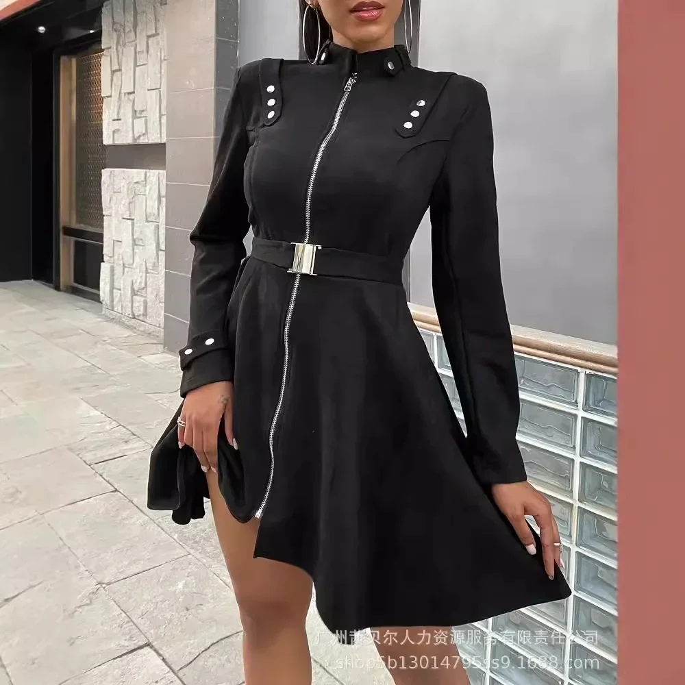 

Women Mini Dress Zipper Long Sleeve Splice Dresses Midi Waist Belt Solid Casual A Line Elegant Vestidos Stand Collar Office Lady