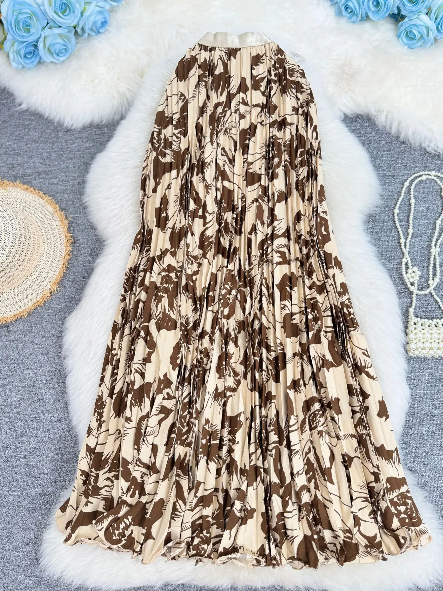 Harajuku Red Geometric Print Pleated Maxi Skirt High-waisted A-line Flowy Skirt For Women Elegant Office Beach Vacation Outfits