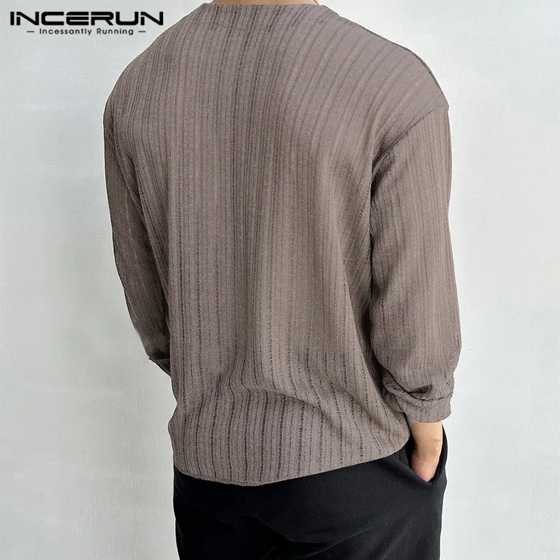 2023 Men Shirt Striped V Neck Long Sleeve Button Knitted Men Clothing Korean Style Streetwear Autumn Casual Shirts S-5XL INCERUN