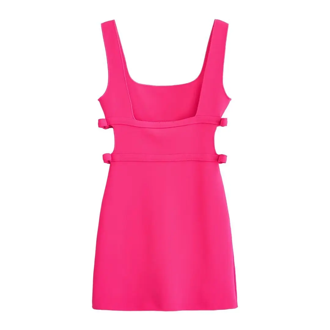 レディース シンプル オープンバック ミニドレス リボン ベルト スクエアネック セクシー ミッドウエスト ソリッドカラー Aライン ドレス 春夏新作 シック トップ