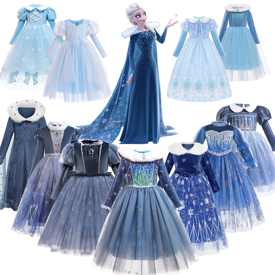 Disney Princess Elsa Dress Autumn Winter Girls Fancy Mesh Snowflake Print Ball Gown For Birthday Carnival Party Christmas Gifts