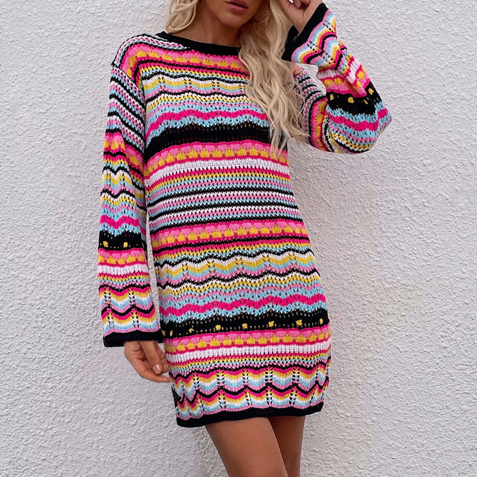 Bohemian Color Block Striped Knit Crochet Sweaters Dress 2024 Autumn Women\'s Long Sleeve Crew Neck Mini Bodycon Dress Streetwear