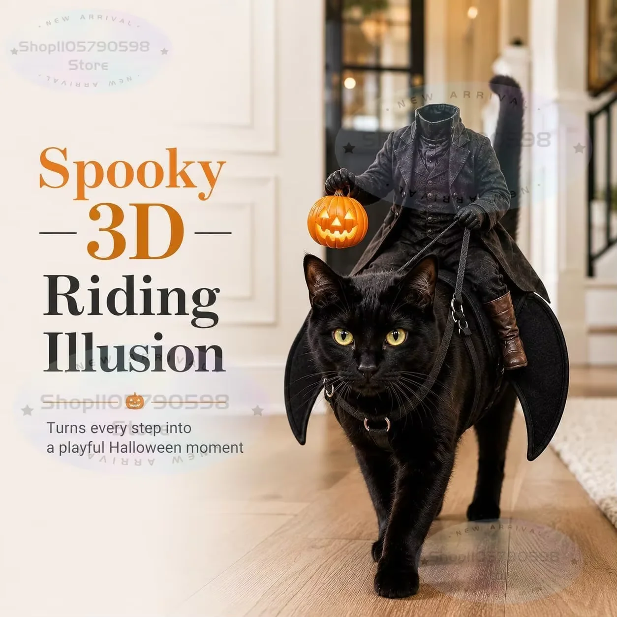 Cat wearing a headless horseman rider costume harness