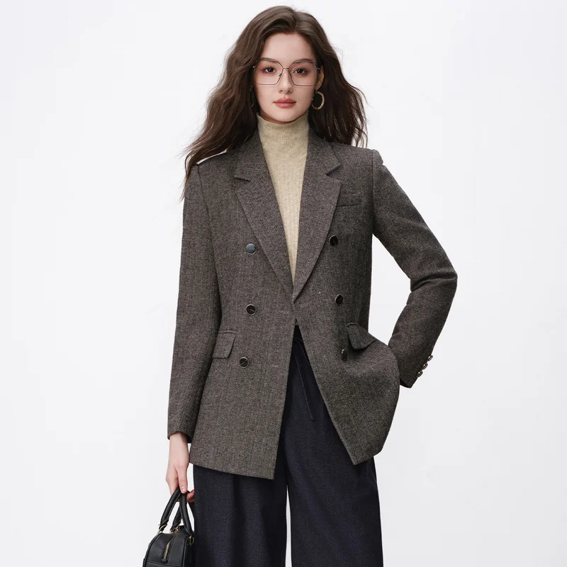 ZJYT Autumn Winter Vintage Woolen Jackets for Women Double Breasted Blazers Coats Female Plus Size Casual Outerwears Tops Lady