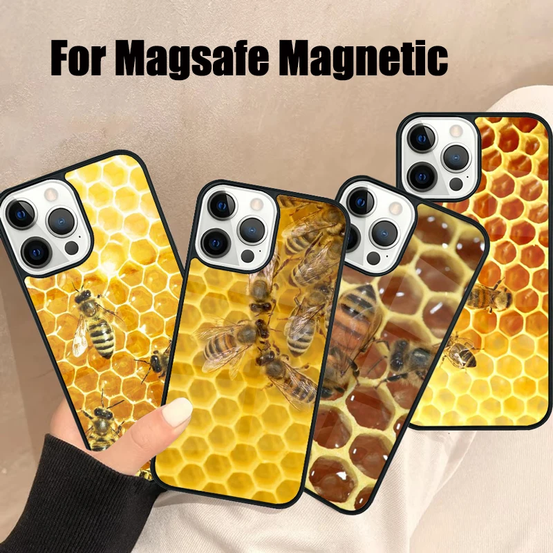 Bumble Bee Honeycomb Honey Magsafe Phone Case For iPhone 16 15 14 13 12 11 Pro Max Plus Mini Mirror Wireless Magnetic Cover