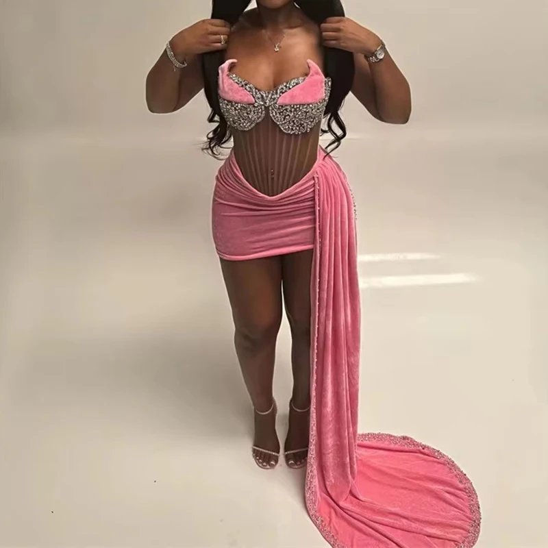 Magnifique robe de soirée en velours avec accents de strass, Corset transparent, longue drapée sur le côté, robe de bal, robe de Cocktail Sexy, robe de soirée