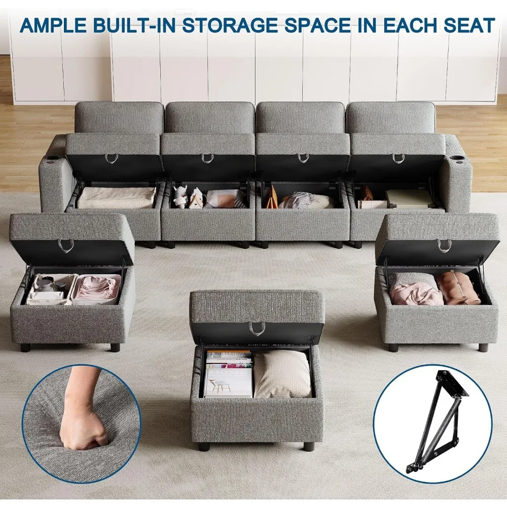 أريكة مقسمة معيارية، أرائك متعددة الوظائف لغرفة المعيشة مع مساحة تخزين، مسند ذراع مع حلقة قوية وحامل أكواب، لاسلكي