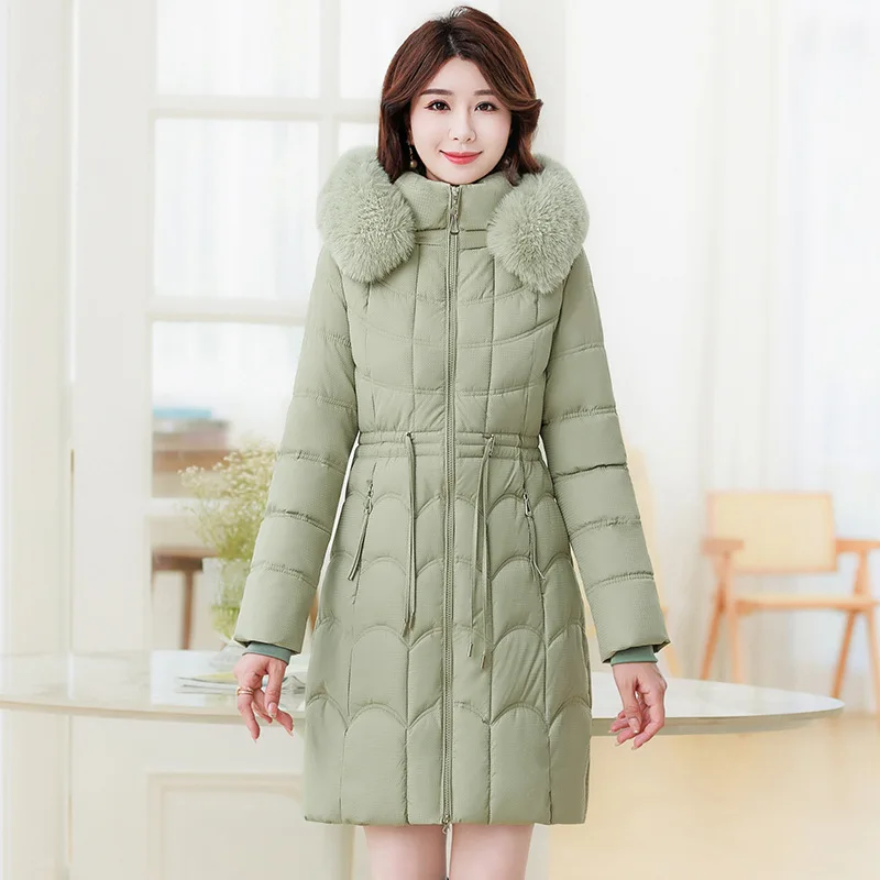 Parkas Women Hooded Fur Collar Coats Zipper Drawstring Tight High Waist Thick Splice Jackets Mid Length Outerwear Slim Fit