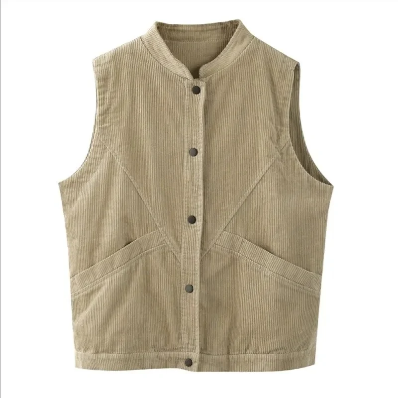 

Spring Autumn Women Corduroy Sleeveless Jacket Retro Lady Solid Color Waistcoat Tops Outwear 2025 Femme Leisure Short Vest Coat