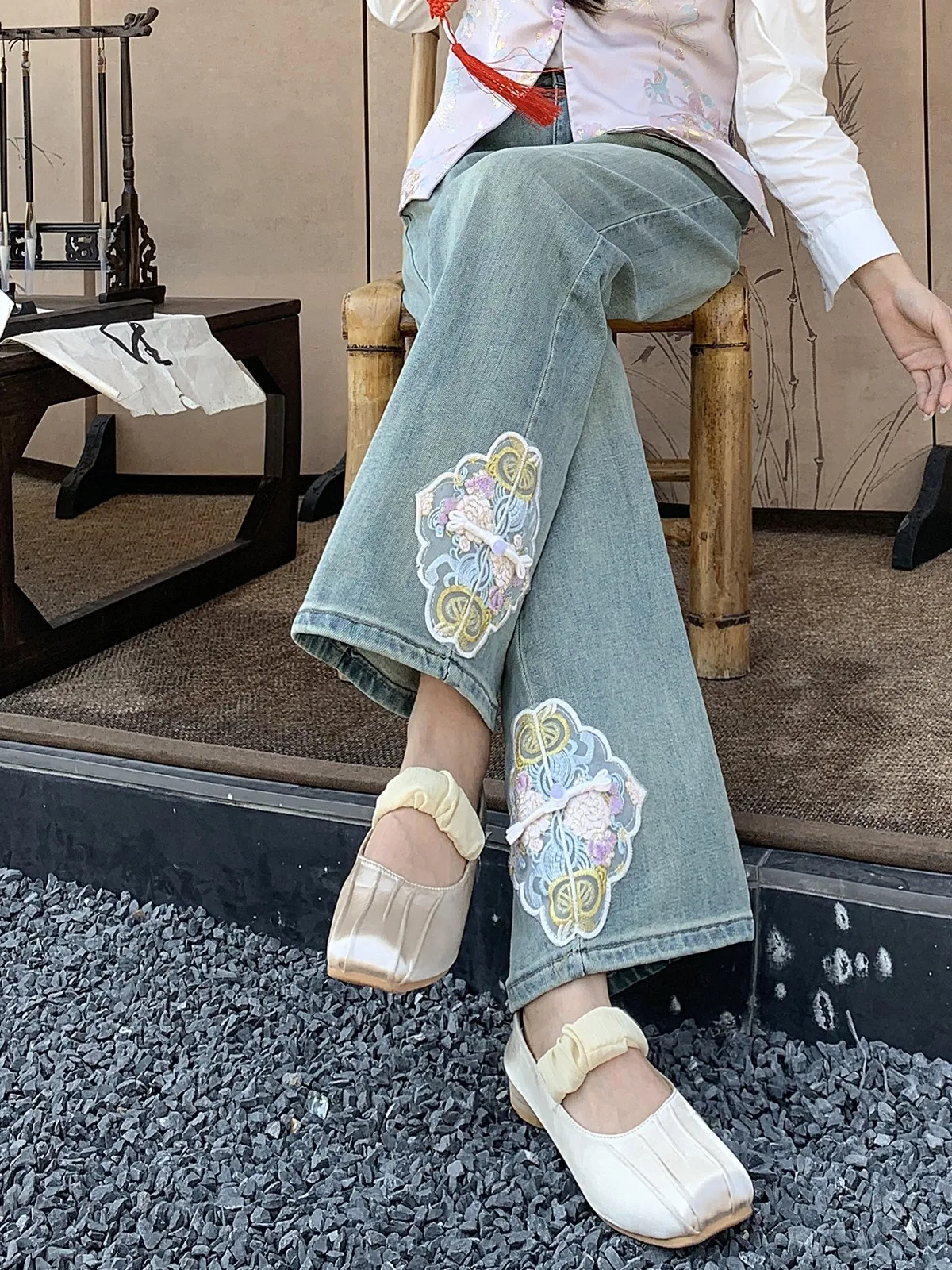 

ZHISILAO New Chinese Style Embroidery Print Flare Jeans Women Vintage Print Full Length Denim Pants Spring Summer 2024