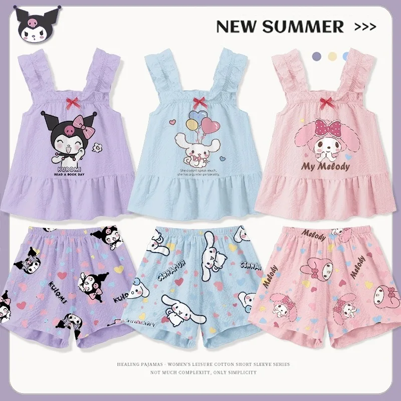 2024 New Sanrio My Melody Cinnamoroll Kuromi Girl Vest Sling Shorts Pajamas Suit Summer Loose Leisure Comfortable Loungewear Set