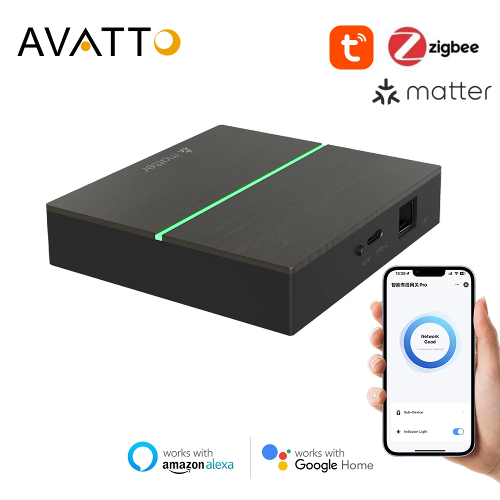 AVATTO Matter Zigbee Bridge Gateway 128 Sub-devices Ethernet Connection Smart Home Hub Support Alexa Google Home