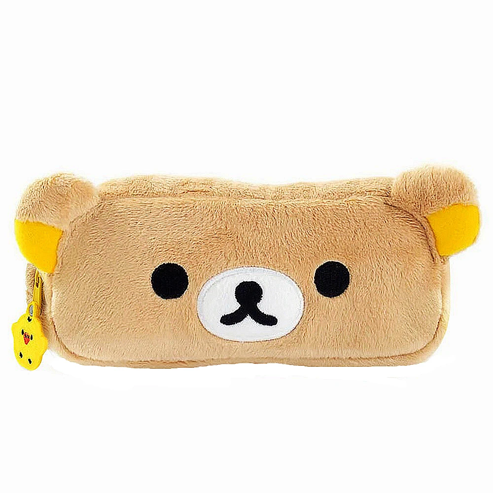 Cute Rilakkuma Bear Face Plush Kiiroitori Zipped Pencil Case School Pencil Pouch Makeup Cosmetic Container Organizer Pen Bag