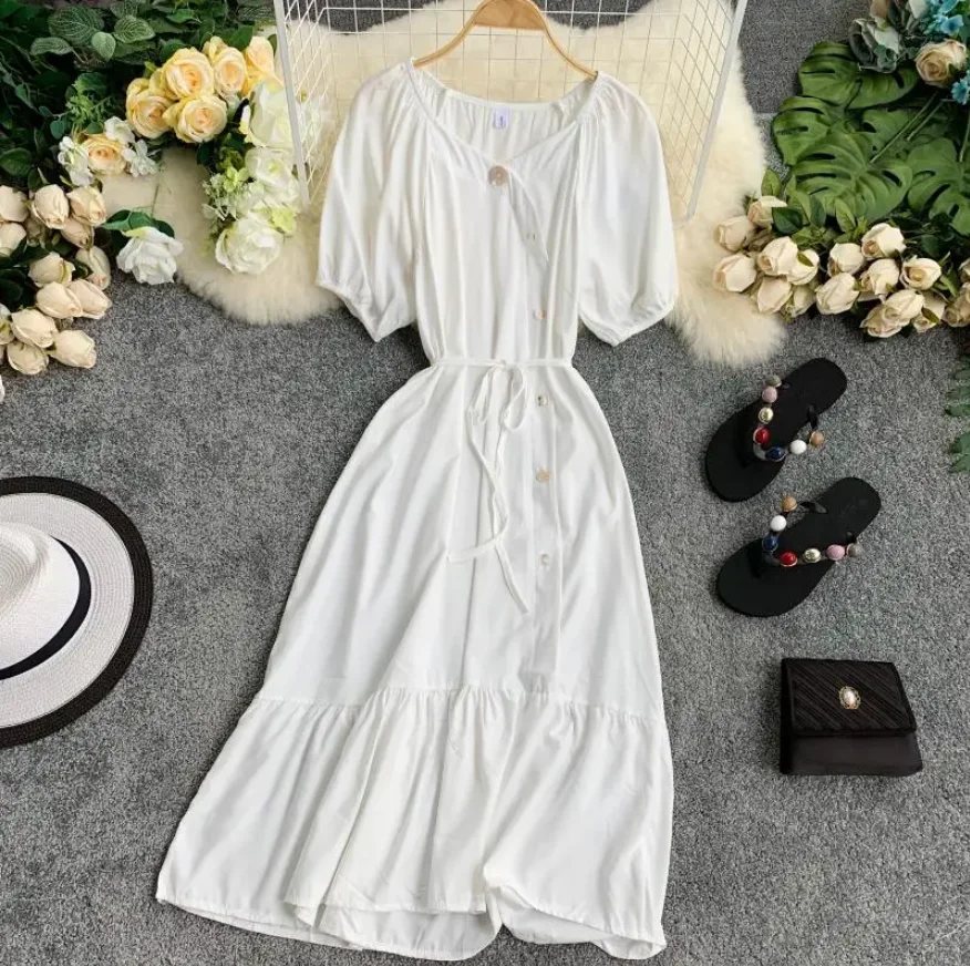 Women Summer O-Neck Short Lantern Sleeve Pleated Ball Gown Dress Casual Lace Up Bandage Elastic Slim High Waist Pullover Dresses