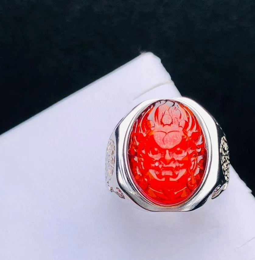 

Сертифицированное серебро 925 пробы, кольцо унисекс «Бог удачи», натуральный красный янтарь с гравировкой, Caishen, украшение для богатства, счастливый шарм, ювелирные изделия