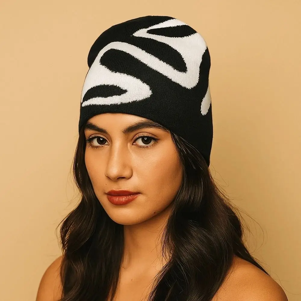 

Versatile Elastic Y2K Knitted Hat Halloween Streetwear Black White Pullover Cap Soft All-match Jacquard Woolen Hat Gifts