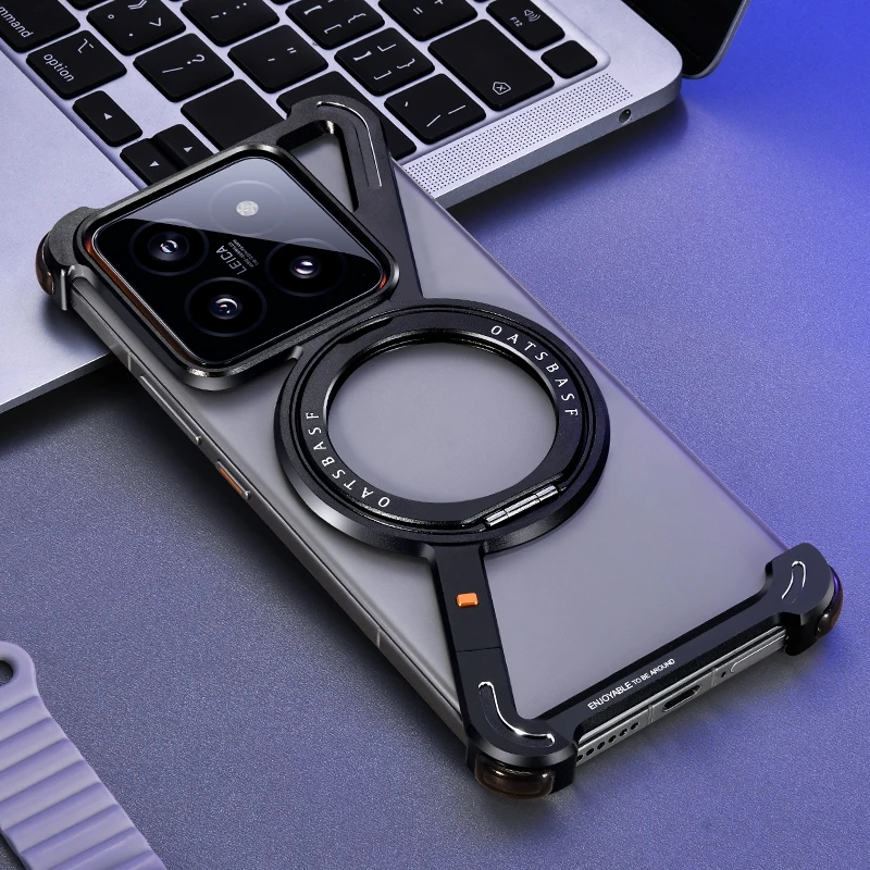 Oatsbasf Z Shape Case for Xiaomi 14/14pro/14u All Metal Magnetic Frameless Protective Phone Cover with 360°Rotation Kickstand