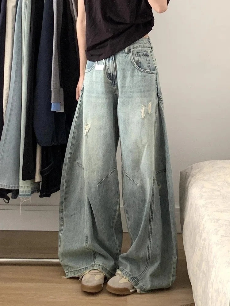 Y2K الأزرق المتعثرة الجينز النساء الخريف منحني سكين قطع فضفاضة واسعة الساق مستقيم سليم ممسحة السراويل