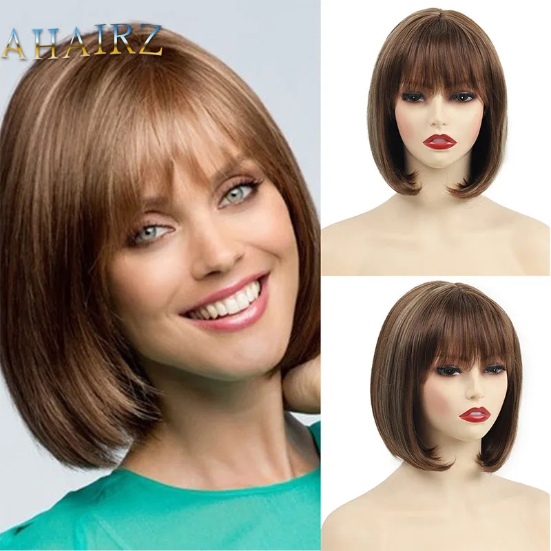 

Short Bob Wig Ombre Mixed Brown Wig for Women Daily Wear Cosplay Party Synthetic Hair Wig with Bangs Heat Resistant Fiber