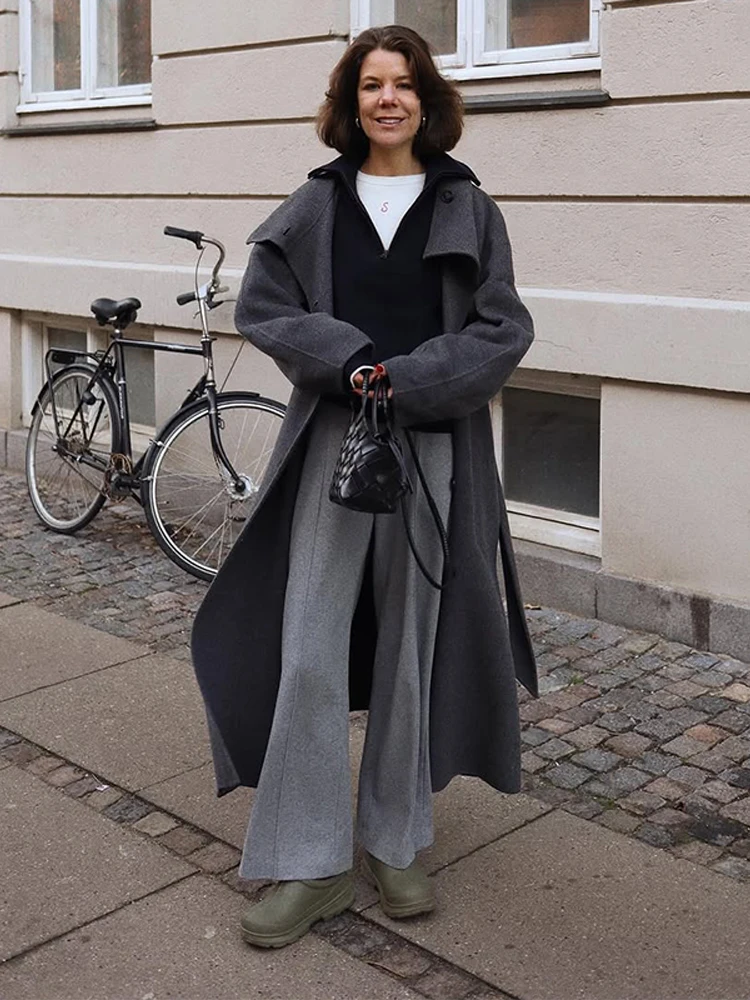 

Fashion Solid Coat With Belt Women's Lapel Collar Single Breasted Full Sleeve Jacket 2025 Autumn Winter Lady Elegant Streetwear