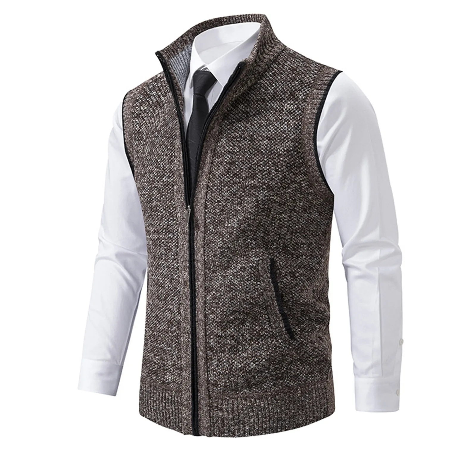 Heren Wollen Trui Vest Herfst Winter Fleece Warm Casual Rits Kasjmier Mouwloos Effen Kleur Trui Gebreid Vest Herenkleding
