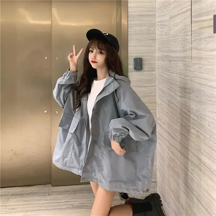 

Windbreaker Jackets For Woman Autumn Women'S Clothes Short Cropped Style Ladies Pure Simple Basic Front Pocket Button Long