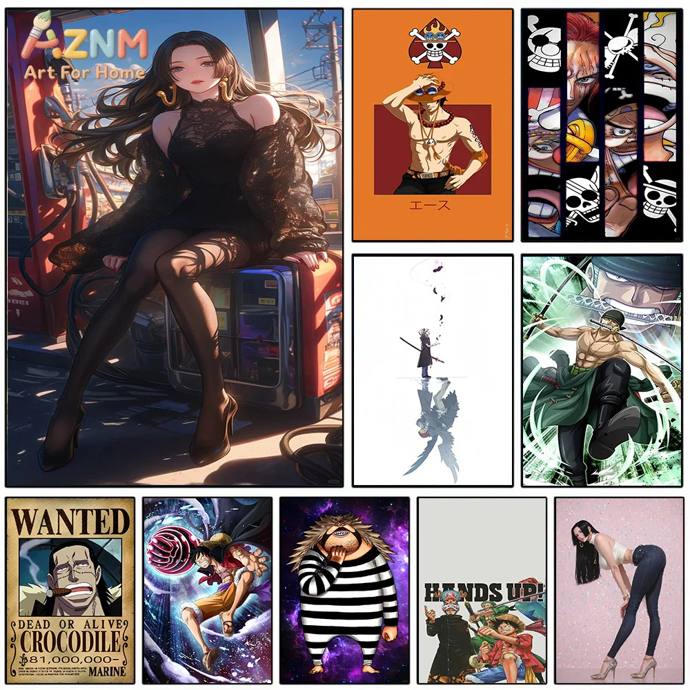 AZNM One Piece Anime Canvas Wall Art Boa Hancock Portgas D Ace Shanks Dracule Mihawk Roronoa Zoro Crocodile Monkey D Luffy HD Pr