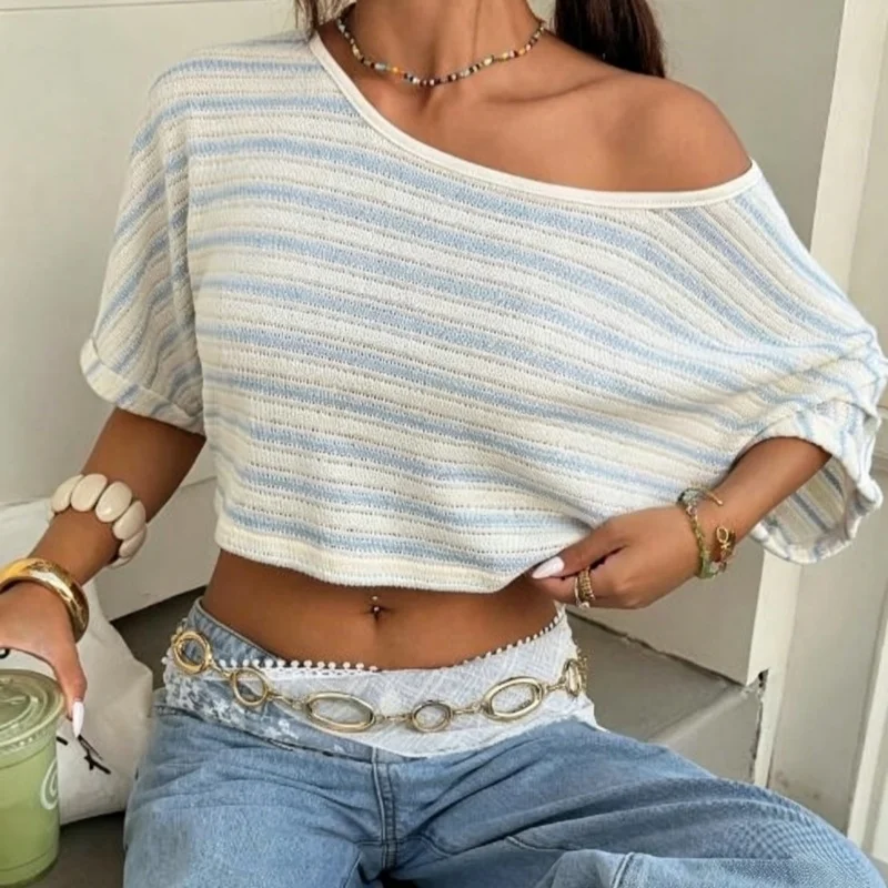 

Women's Casual Striped Asymmetric One Shoulder Batwing Sleeve Cropped Casual T-Shirt Beach Vacation 2026 Summer
