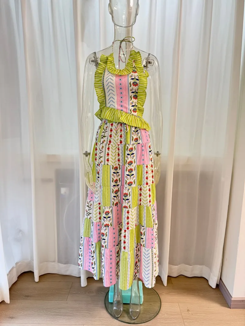Halter Keyhole Ruffle Two Piece Set, Vintage Color Block Floral Striped Crop Top Tiered Maxi Skirt Vacation Outfit For Women