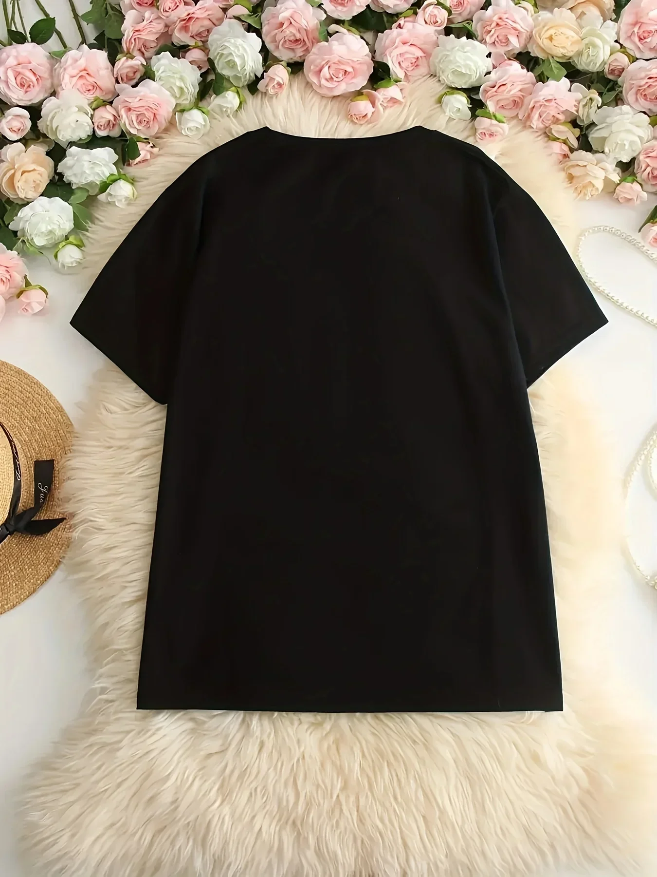Women's Black Cat Print T-Shirt Sleepy Vibes Suitable for Daily Wear Casual Short Sleeve Round Neck Tops Outfit Clothes Female