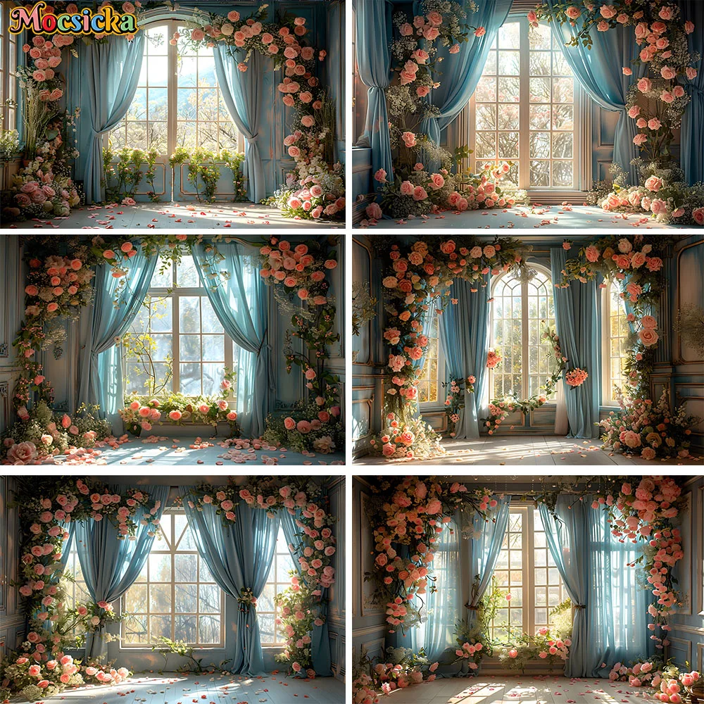 Mocsicka Sunshine Bower Photography Backdrop Retro Window Curtains Flower Backgroun Girls Boudoir Kids Baby Show Photo Studio