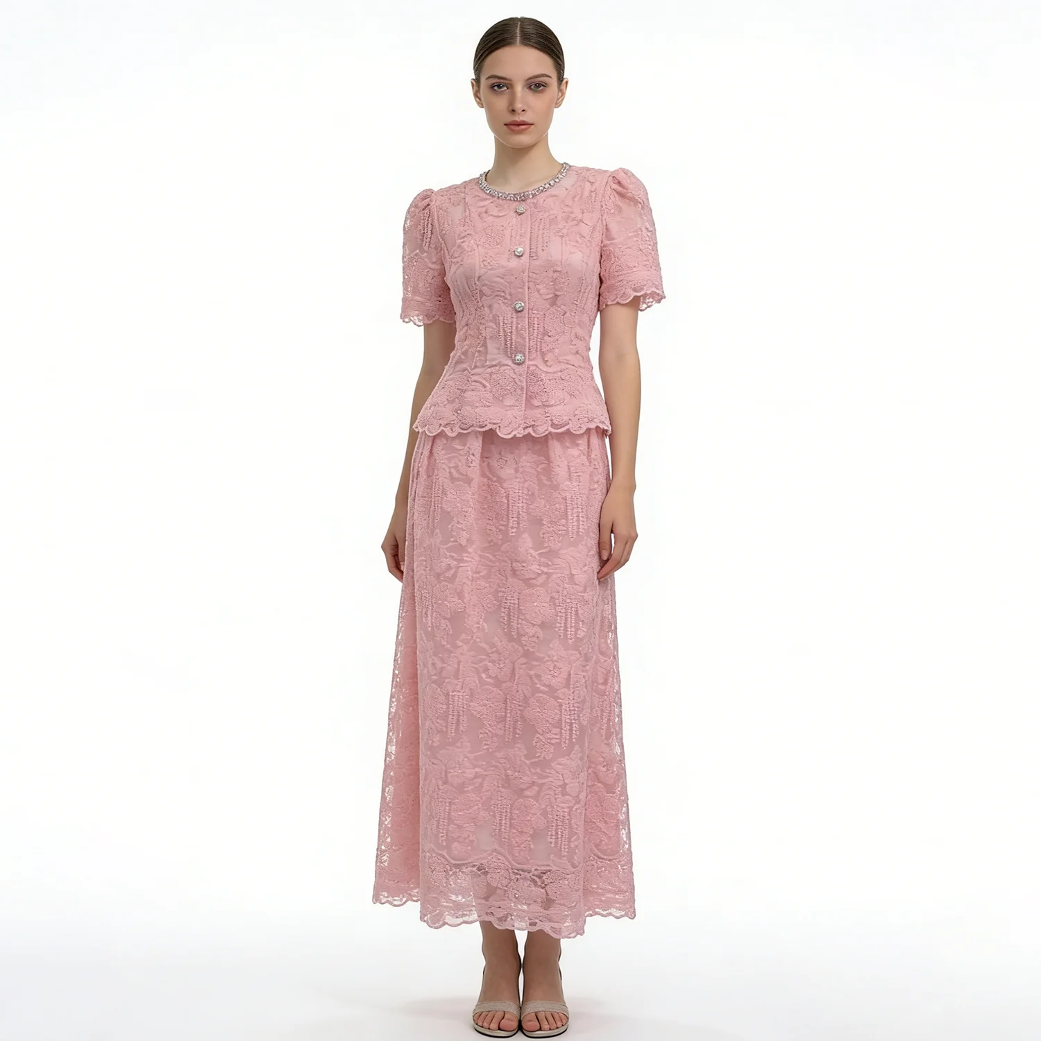 LIMO 2026 Hot Sale Women's Elegant Lace Two Piece Set Vintage Puff Sleeve Top + Long Skirt Formal Party Dress