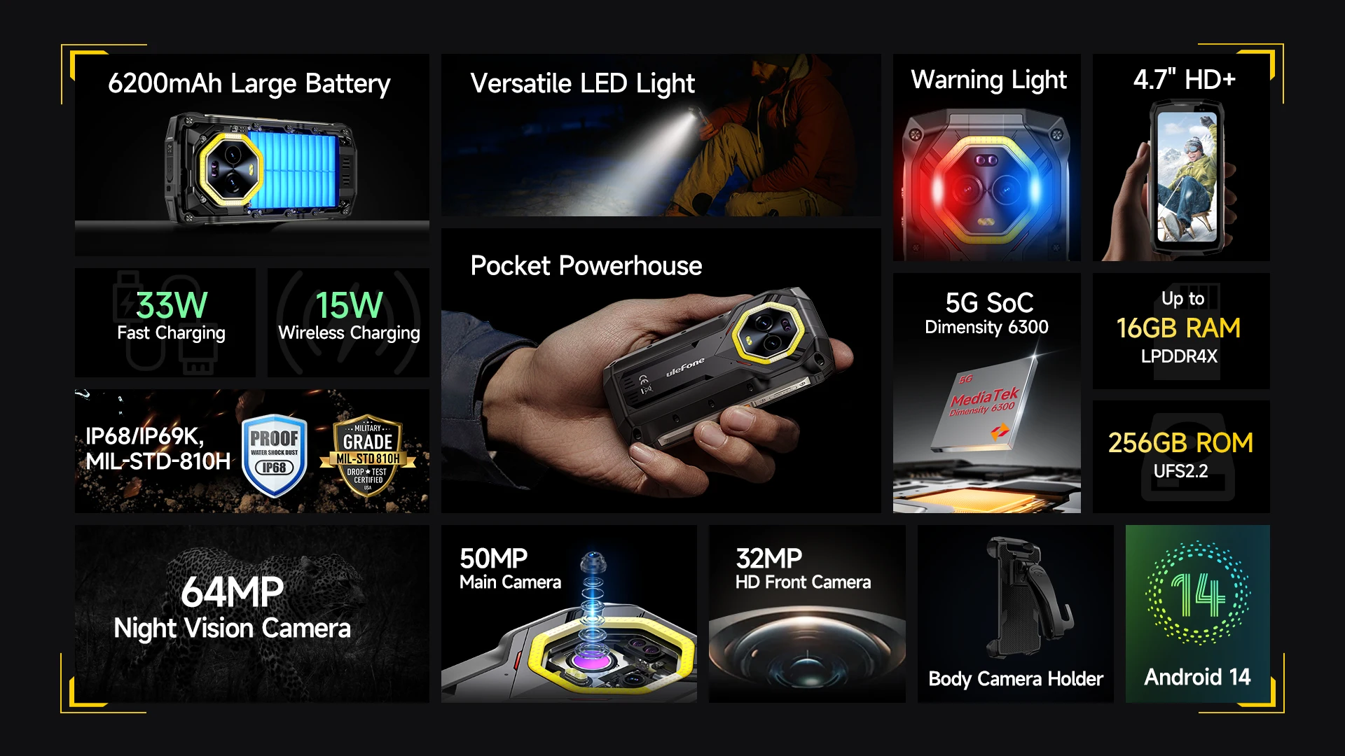 Ulefone Armor Mini 20 Pro 5G NFC 4.7" Rugged 64MP Night Camera Android 14 Smartphone 6200mAh 16GB+256GB Mobile Phone Global