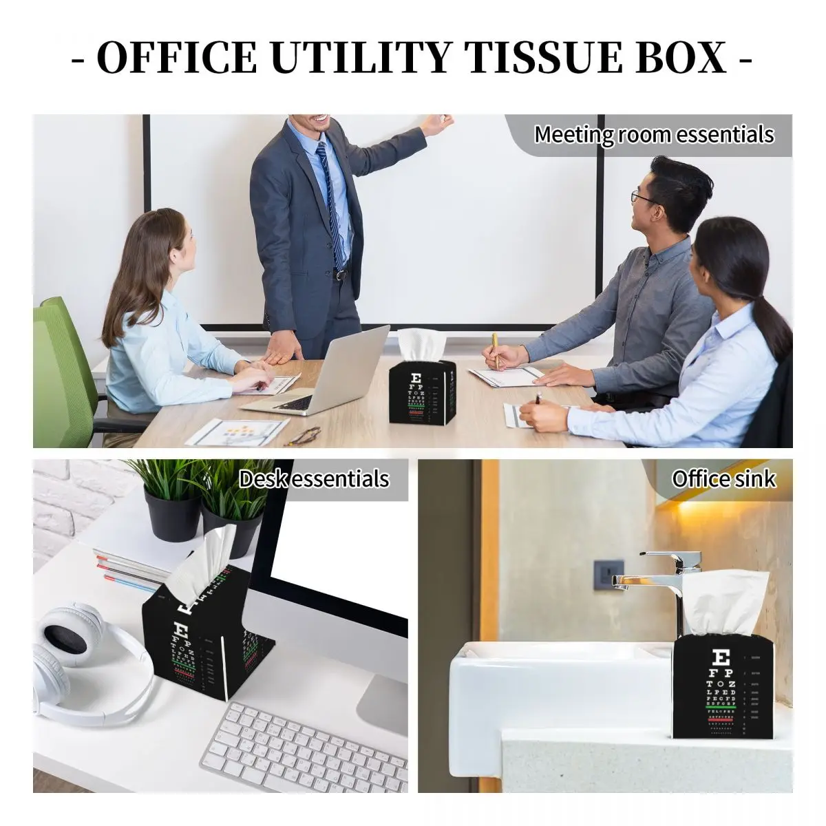 Custom Snellen Eye Chart Tissue Box Cover for Bathroom Toilet Optometrist Optician Square PU Leather Facial Tissue Box Holder