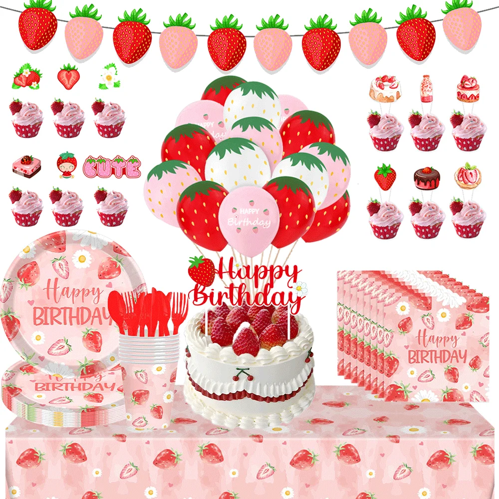 Vajilla desechable para fiesta de frutas y fresas, mantel rosa, bonito globo de fresa dulce, cartel de feliz cumpleaños, decoración de pasteles