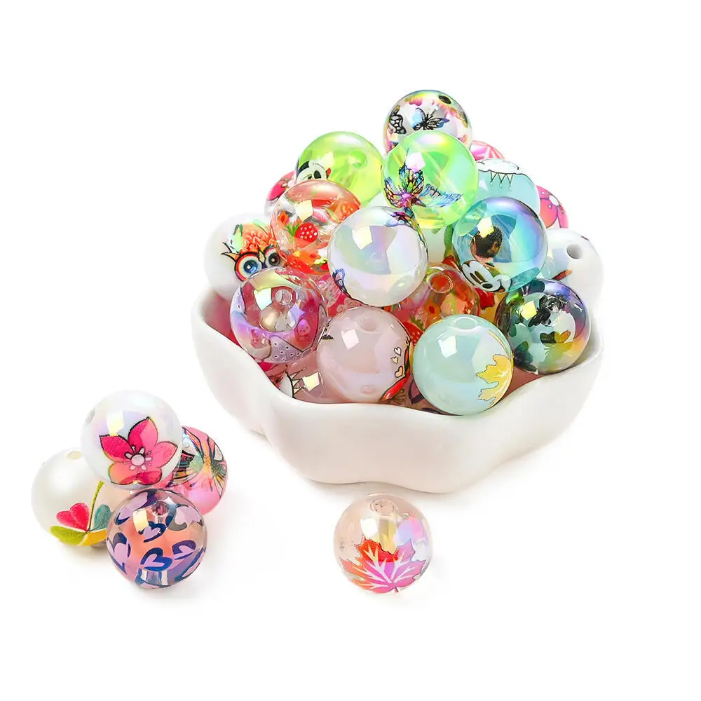 20pcs Random Mixed Styles Print Acrylic Beads 16mm Round Beads For Handmade Pacifiers Clip DIY Jewelry Necklace Birthday Gift