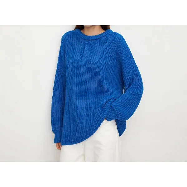 Elegant Sweater for Women 2025 Autumn Winter New Oversized Crew Neck Lantern Sleeve Knit Pullover Casual Loose Long Sleeves Tops