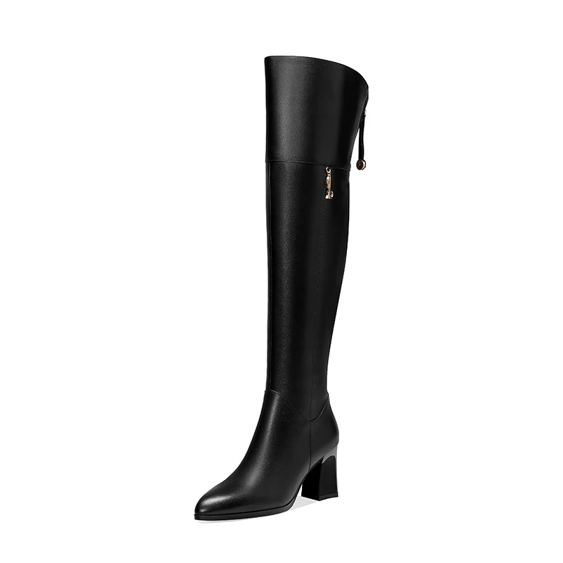 Kaky's-botas de piel de vaca con tacón alto para mujer, botines de manga alta, hasta la rodilla, a la moda, novedad