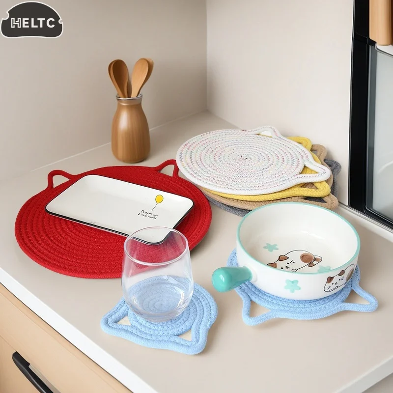 

1pc Cotton Rope Woven Insulation Pad Design Dining Table Tray Mat Insulation Pad Cartoon Cat Ear Shaped Solid Color Dining Table