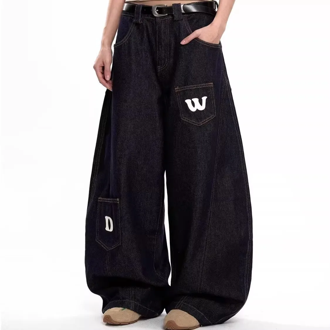 

Retro Waed Youth Tailored Knife Jeans Loose Wide Leg Letter Print Floor Length Casual Trousers for Men And Women