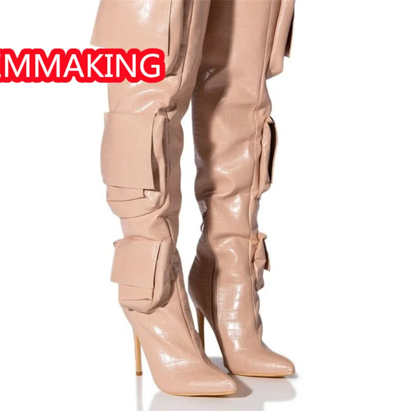 النساء جيب المدرج أشار تو خنجر فوق الركبة الأحذية تصميم جديد السيدات أحذية عالية الكعب botas de invierno الفقرة موهير #5