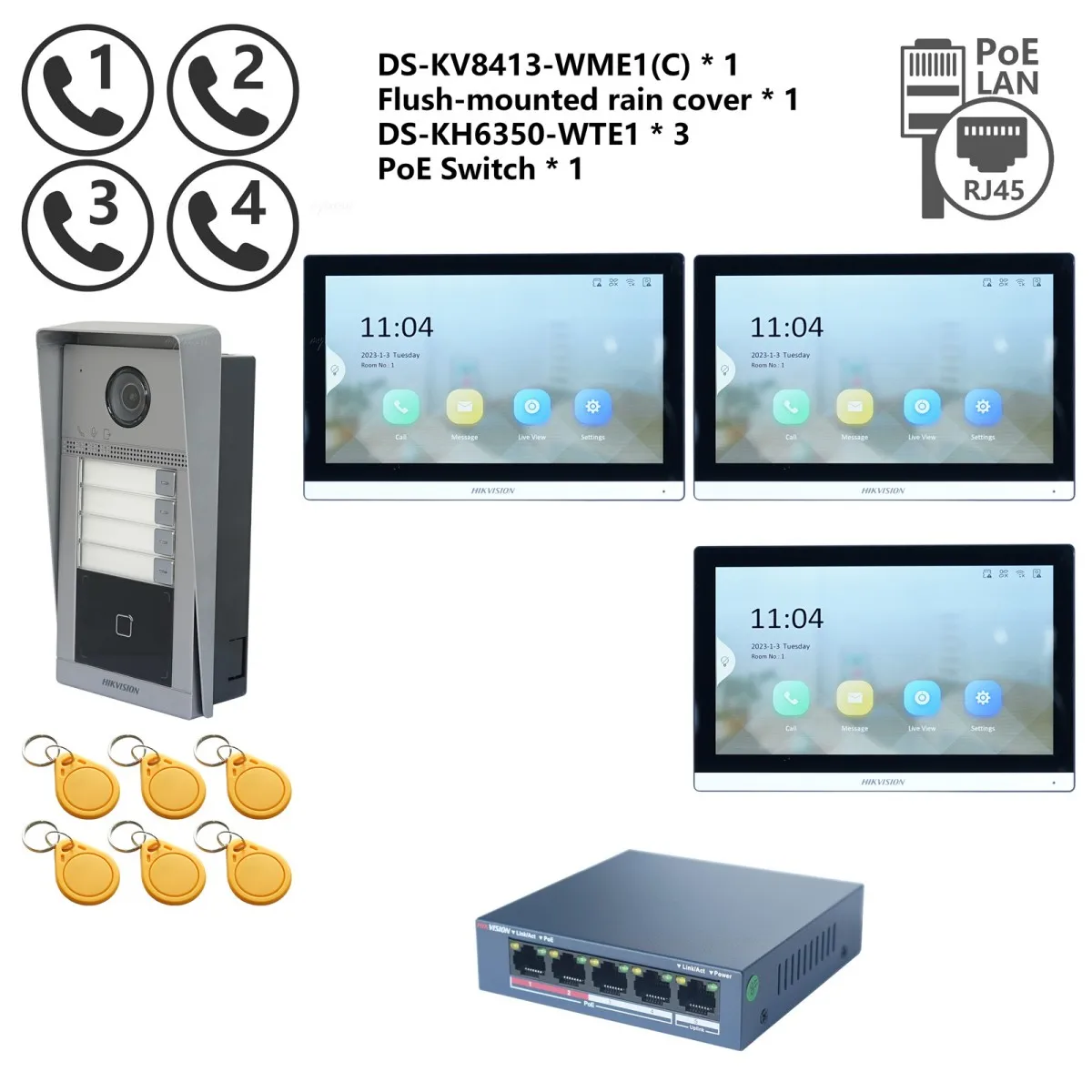 HIKVISION Original mehrsprachiges POE-Video-Gegensprechanlage-KIT, einschließlich DS-KV8113-WME1(C) und DS-KH6350-WTE1 und PoE-Switch