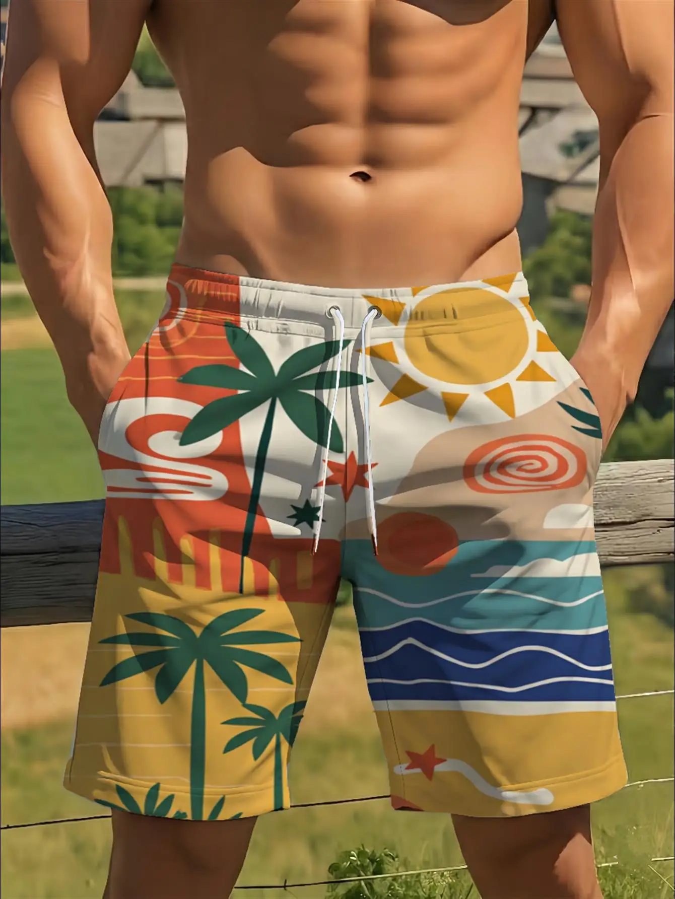 Men's Tropical Quick Dry Drawstring Waist Beach Swim Trunks With Orange Fruit Floral Print 2026