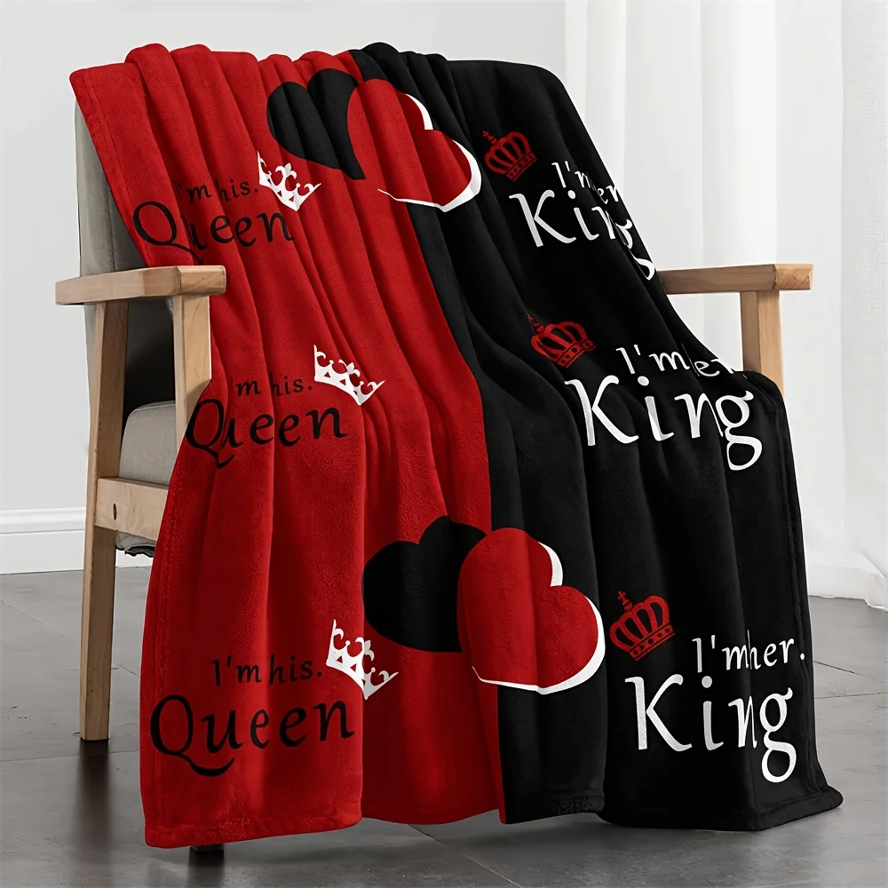 King & Queen Reversible Flannel Throw Blanket, Soft Knitted Polyester Bedding, Machine Washable, with Applique