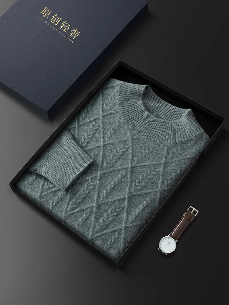 Мужской свитер из 100% кашемира с ромбовидной сеткой, маленький витой цветок, пуловер с воротником-стойкой, осень-зима, плотный элегантный повседневный трикотаж, топы