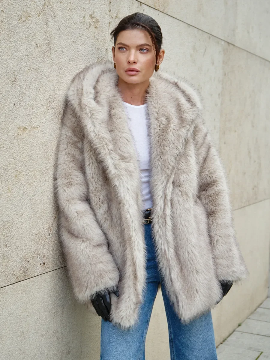 LIMO Women Hooded Faux Fur Coat Open Front Oversized Loose Long Sleeve Plush Outerwear With Pockets