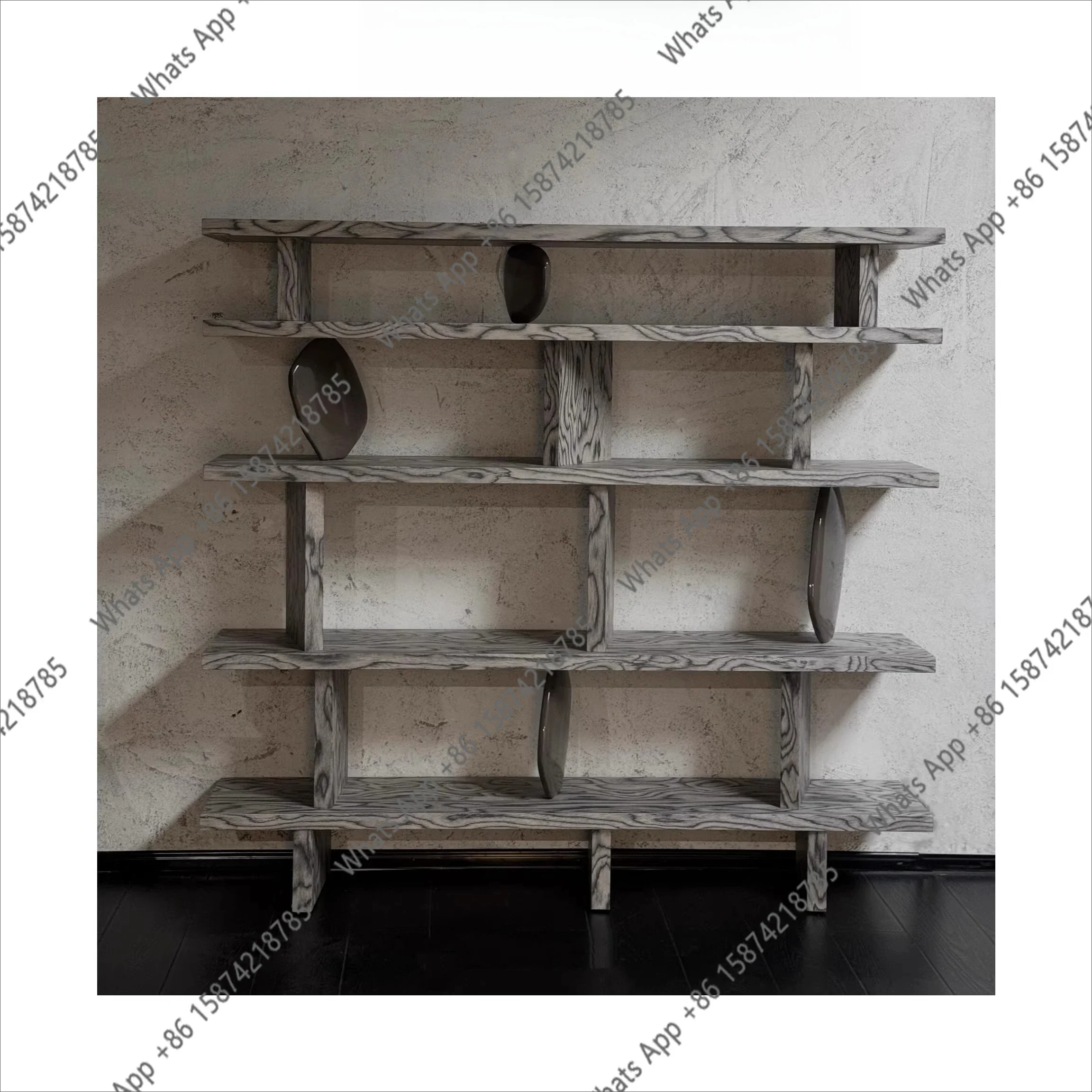 X Wabi Sandy Wind Solid Wood Designer Creative Display Shelf Middle Ancient Style Pattern Against The Wall Household Bookshelf