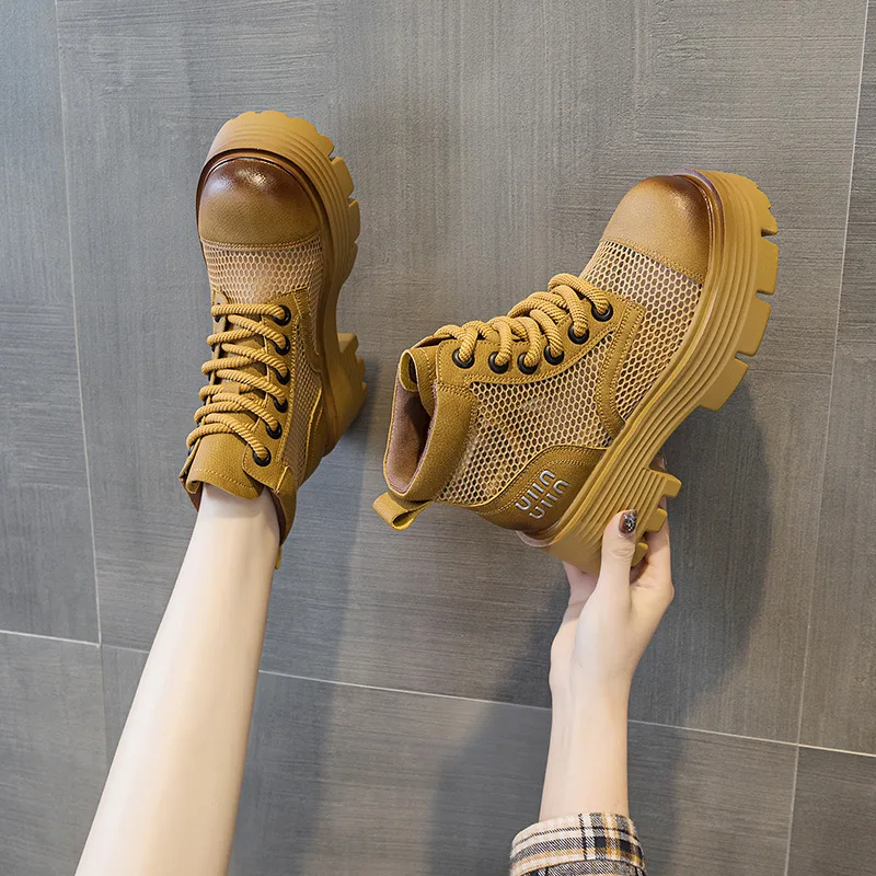 

Женские ботинки, лето 2021, кожаные короткие рабочие ботинки в стиле ретро с сеткой, универсальные женские ботинки в британском стиле